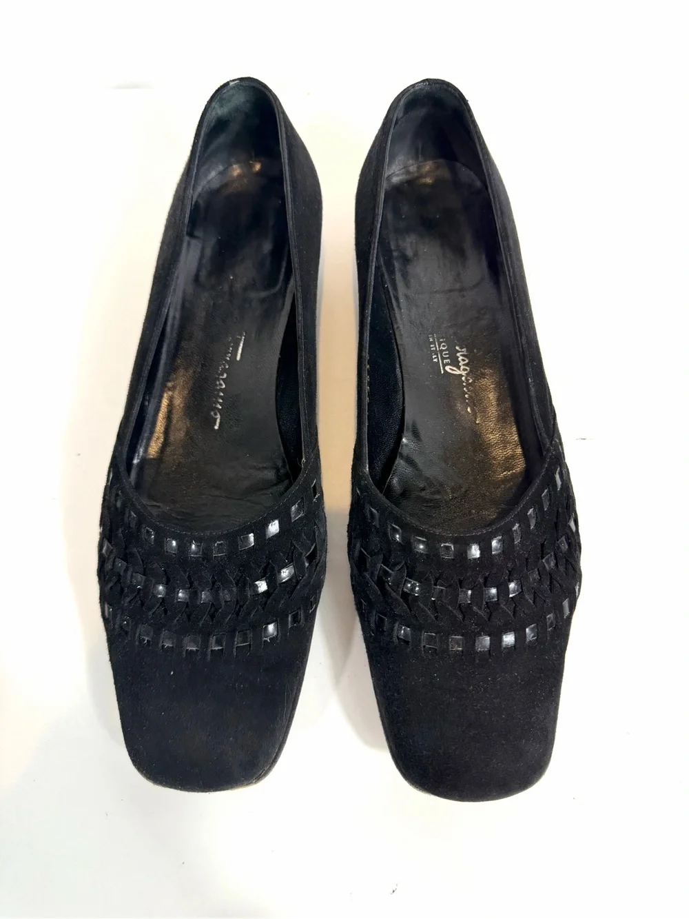 Salvatore Ferragamo Vintage Black Suede Woven Detail Block Heel Pumps 6.5 C